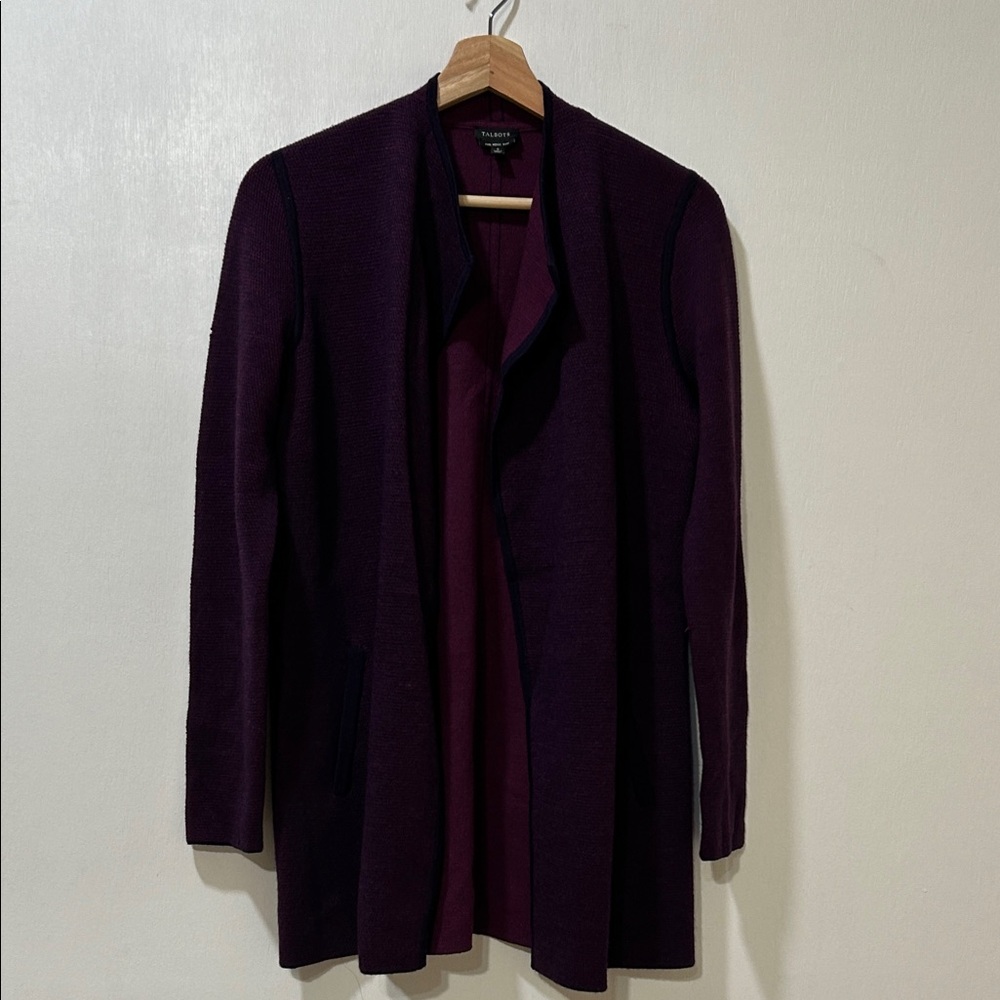 TALBOTS WONENS MERINO  WOOL DARK PURPLE OPEN CARDIGAN Sz SMALL